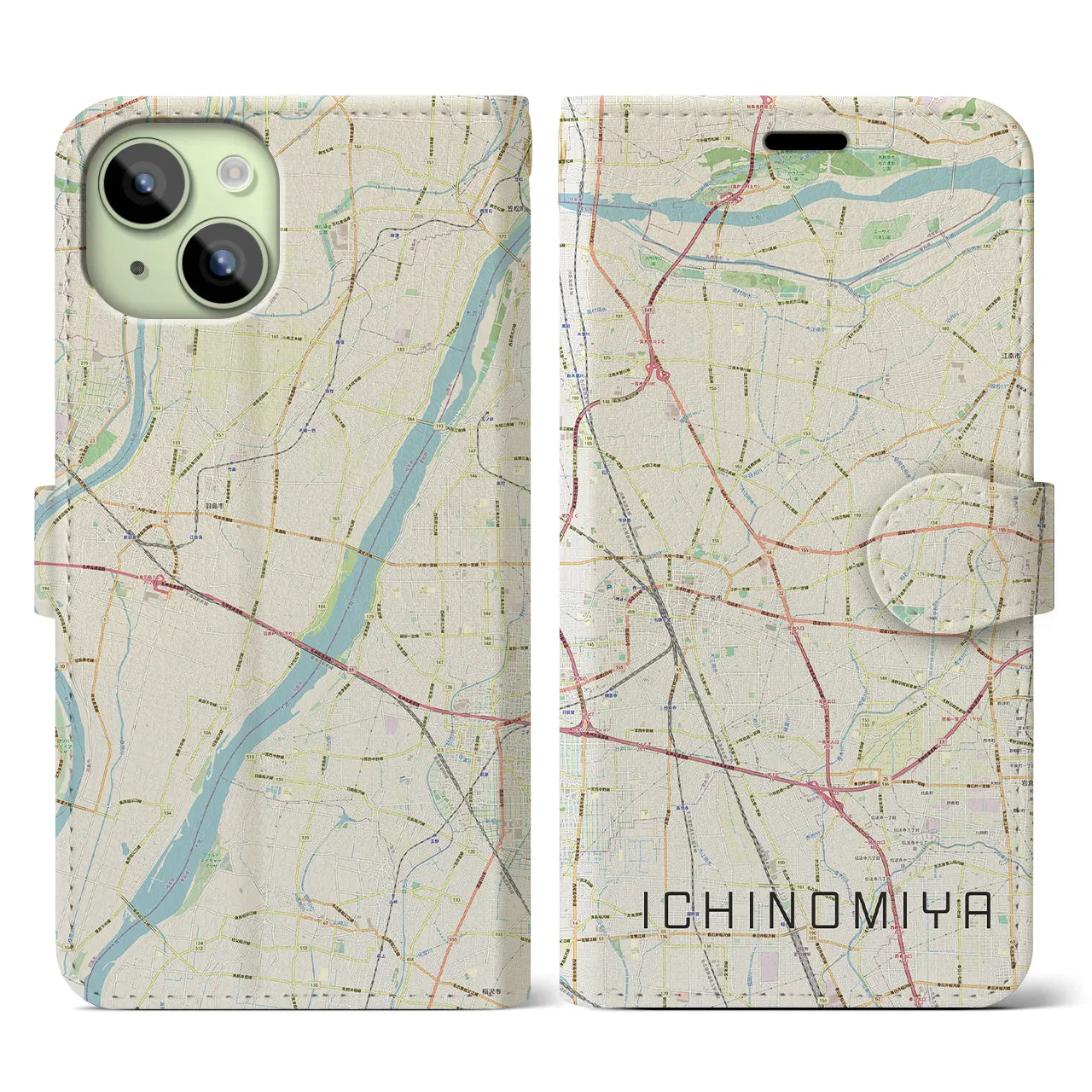 【一宮(愛知県)】地図柄iPhoneケース(手帳タイプ)ナチュラル・iPhone 15 用