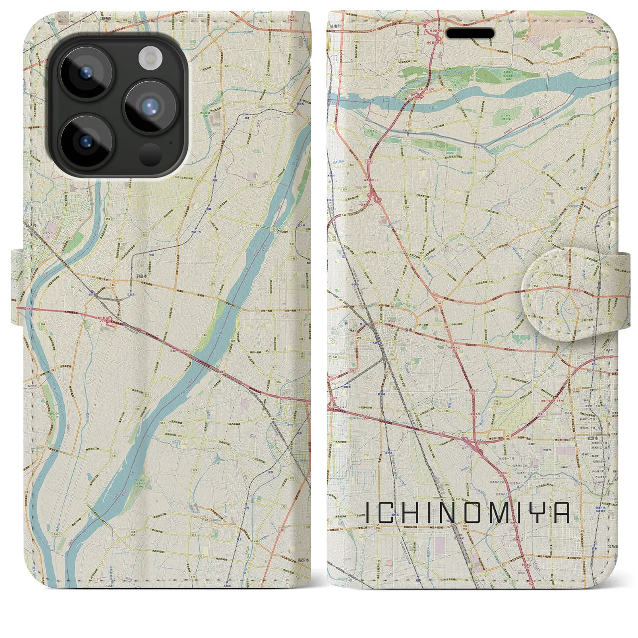 【一宮(愛知県)】地図柄iPhoneケース(手帳タイプ)ナチュラル・iPhone 15 Pro Max 用