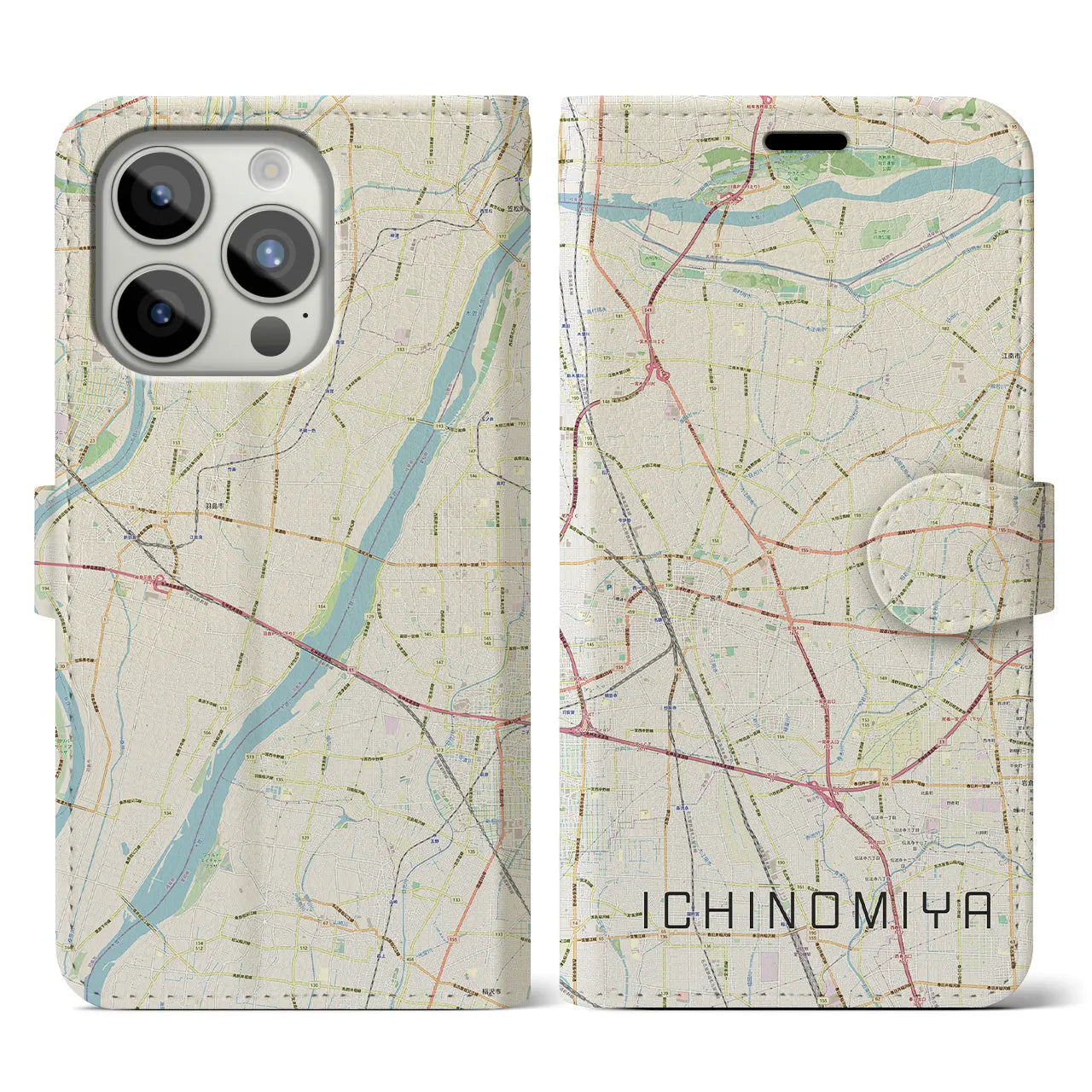 【一宮(愛知県)】地図柄iPhoneケース(手帳タイプ)ナチュラル・iPhone 15 Pro 用
