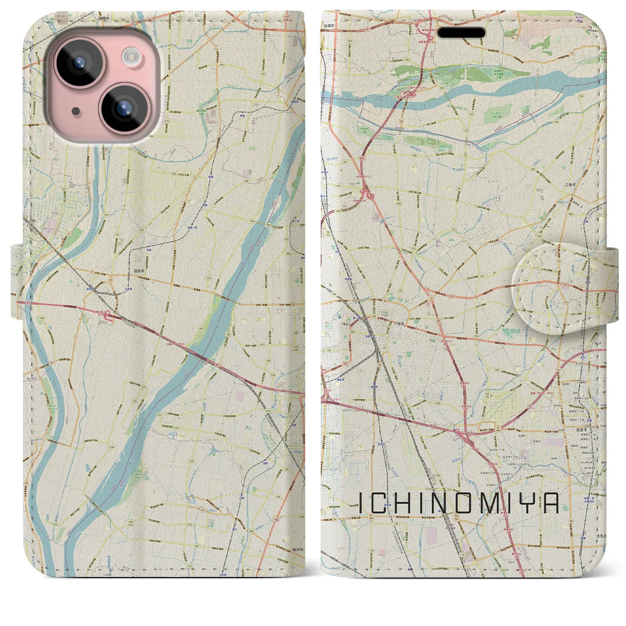 【一宮(愛知県)】地図柄iPhoneケース(手帳タイプ)ナチュラル・iPhone 15 Plus 用