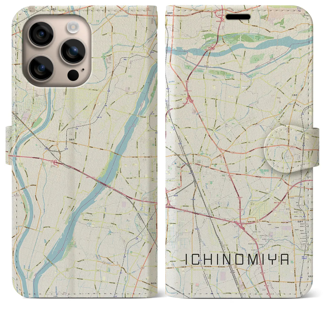【一宮(愛知県)】地図柄iPhoneケース(手帳タイプ)ナチュラル・iPhone 16 Plus 用