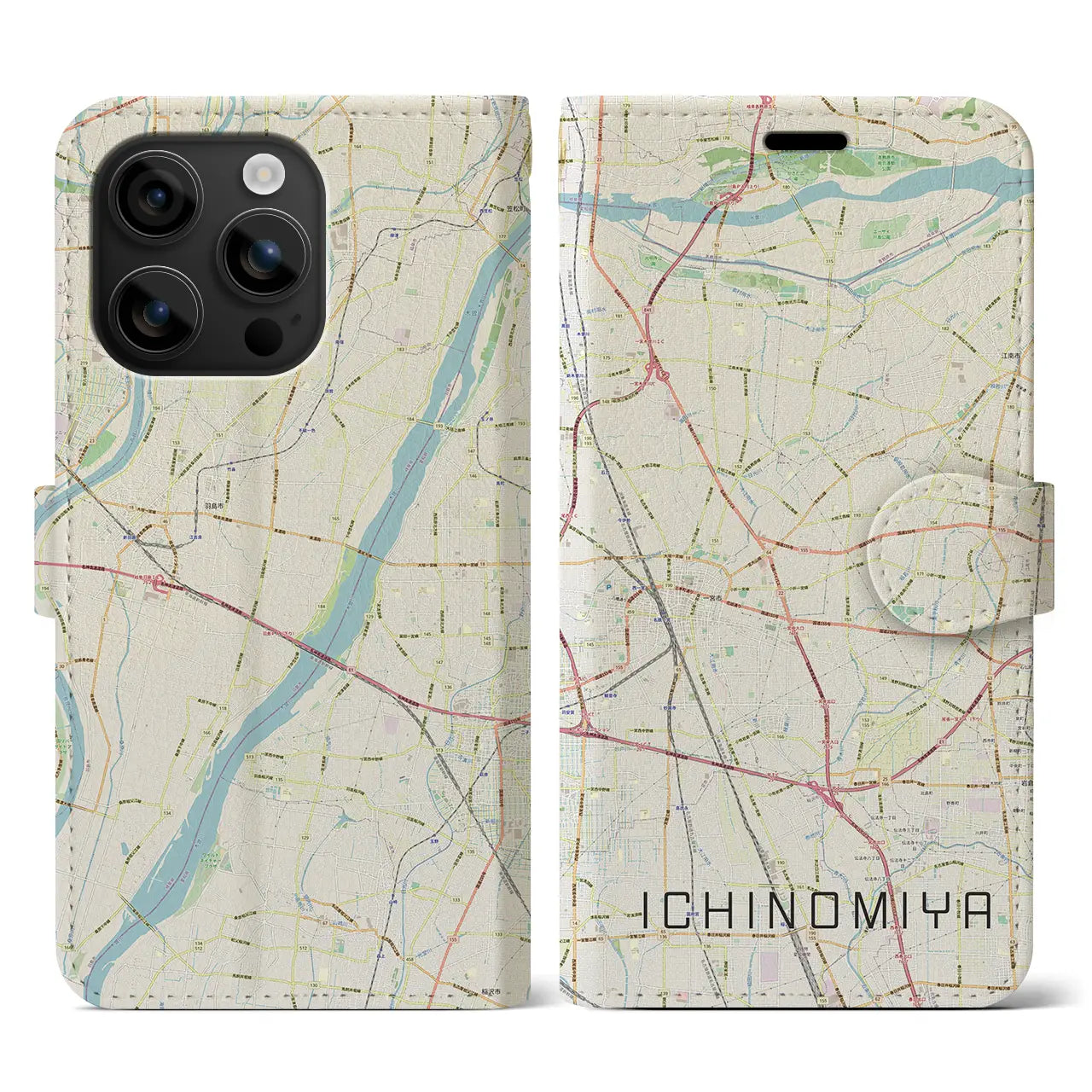 【一宮(愛知県)】地図柄iPhoneケース(手帳タイプ)ナチュラル・iPhone 16 用