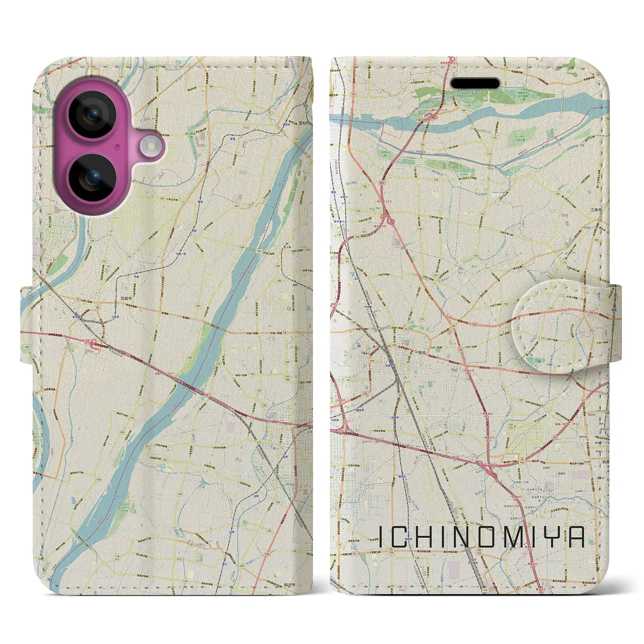 【一宮(愛知県)】地図柄iPhoneケース(手帳タイプ)ナチュラル・iPhone 16 Pro 用