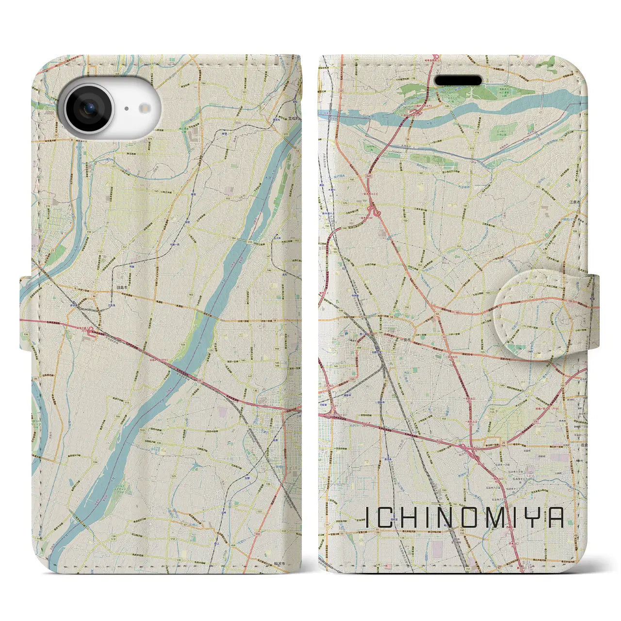 【一宮(愛知県)】地図柄iPhoneケース(手帳タイプ)