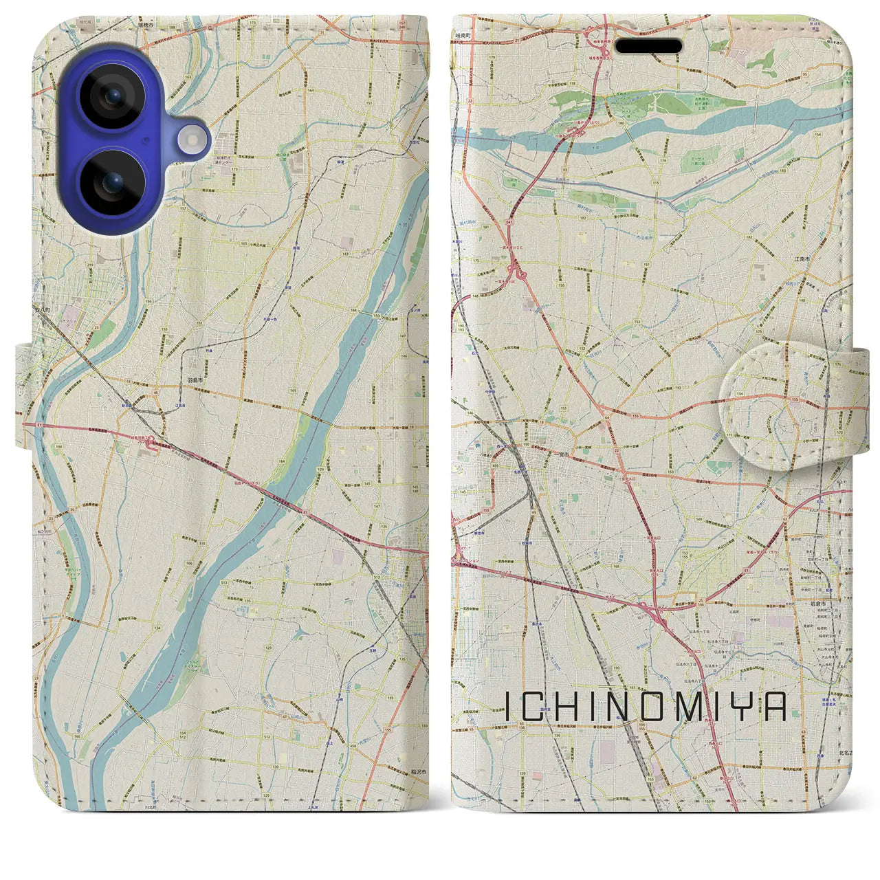 【一宮(愛知県)】地図柄iPhoneケース(手帳タイプ)