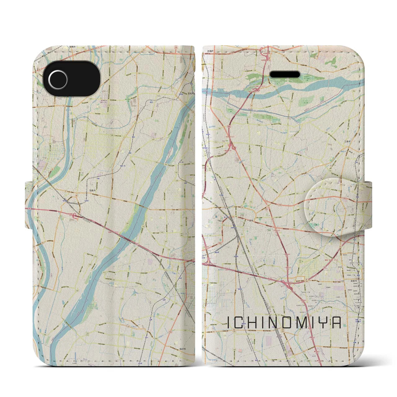 【一宮(愛知県)】地図柄iPhoneケース(手帳タイプ)ナチュラル・iPhone SE(第3 / 第2世代) / 8 / 7 / 6s / 6 用