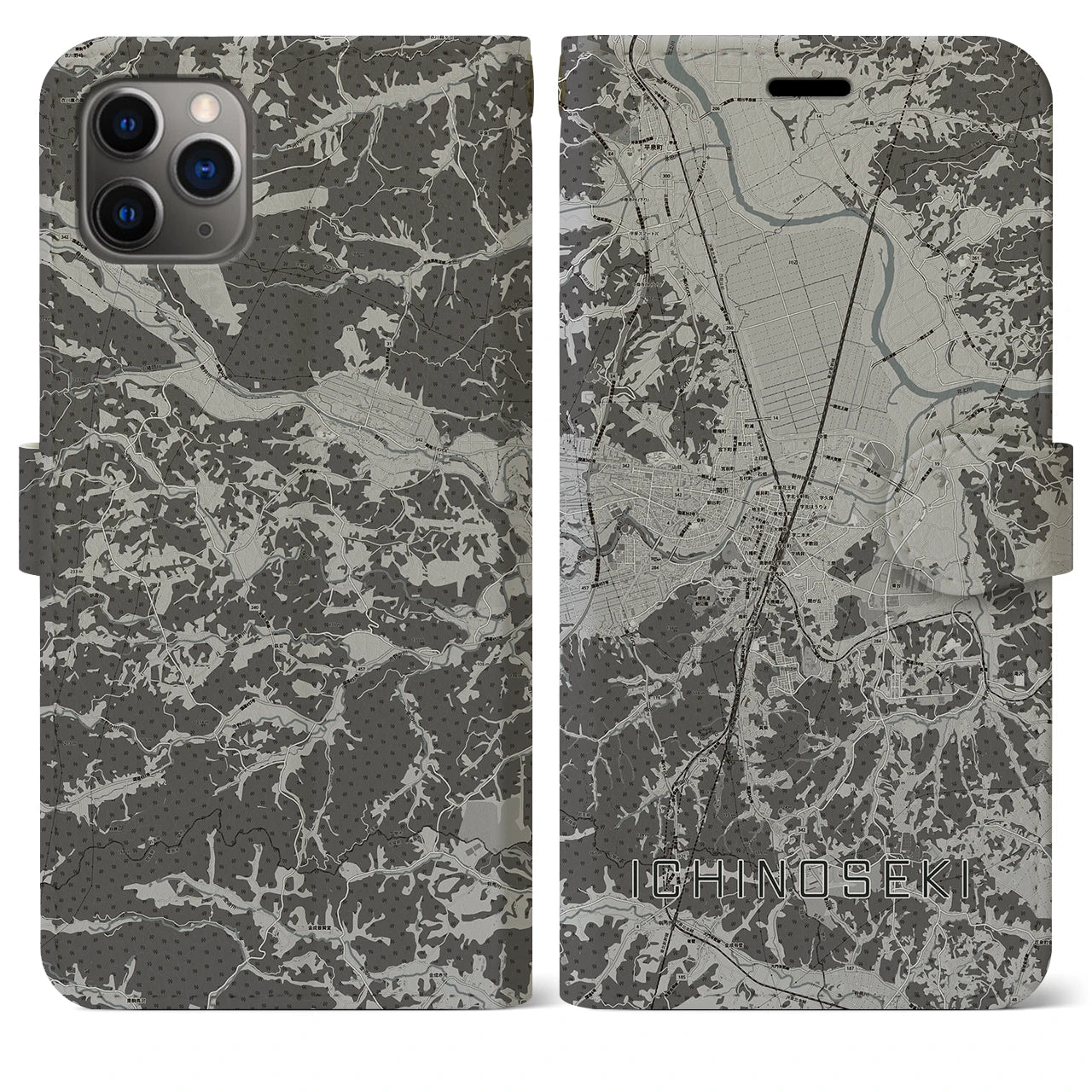 【一関(岩手県)】地図柄iPhoneケース(手帳タイプ)モノトーン・iPhone 11 Pro Max 用