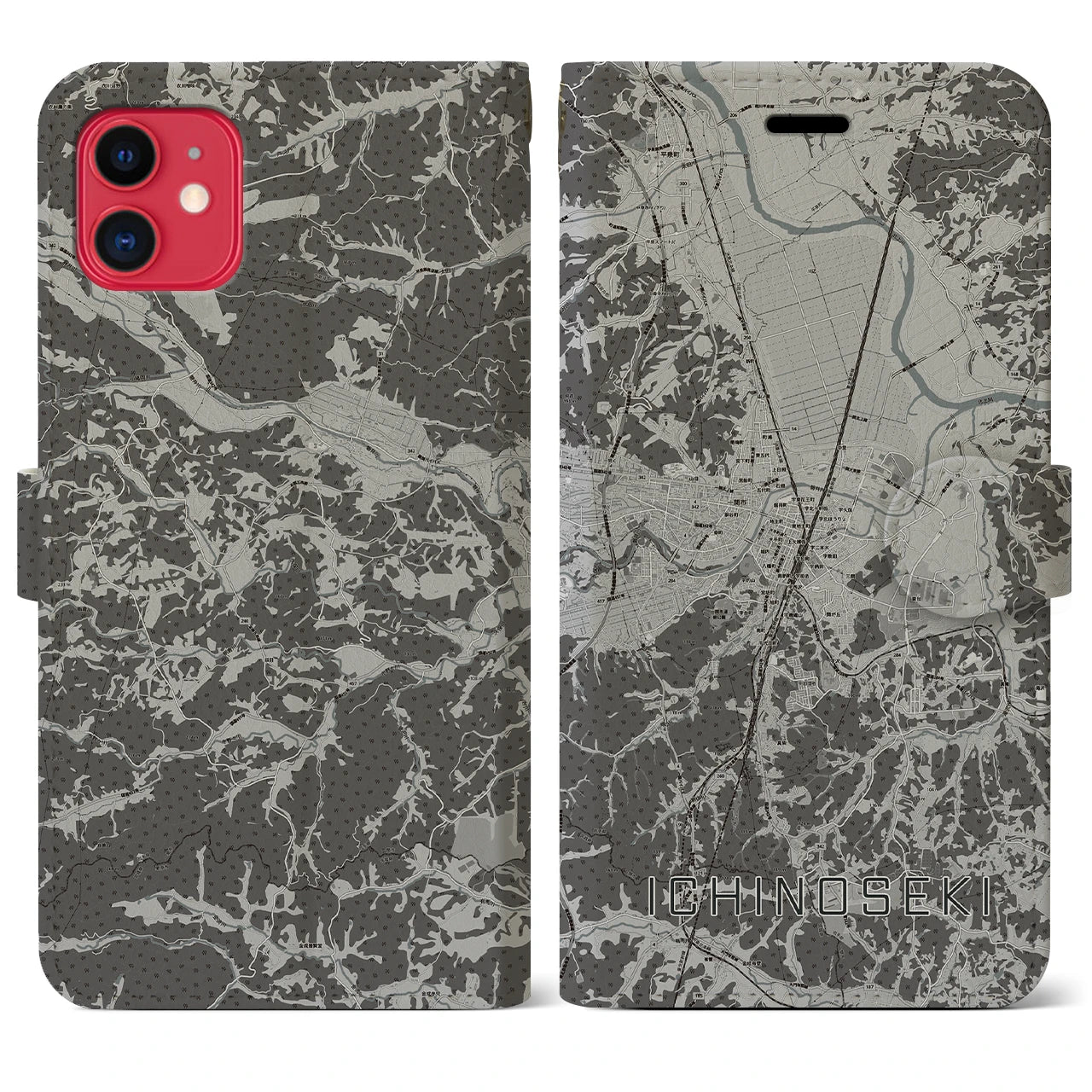 【一関(岩手県)】地図柄iPhoneケース(手帳タイプ)モノトーン・iPhone 11 用