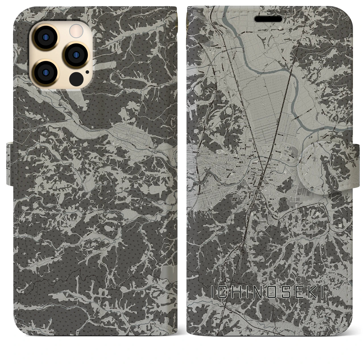 【一関(岩手県)】地図柄iPhoneケース(手帳タイプ)モノトーン・iPhone 12 Pro Max 用
