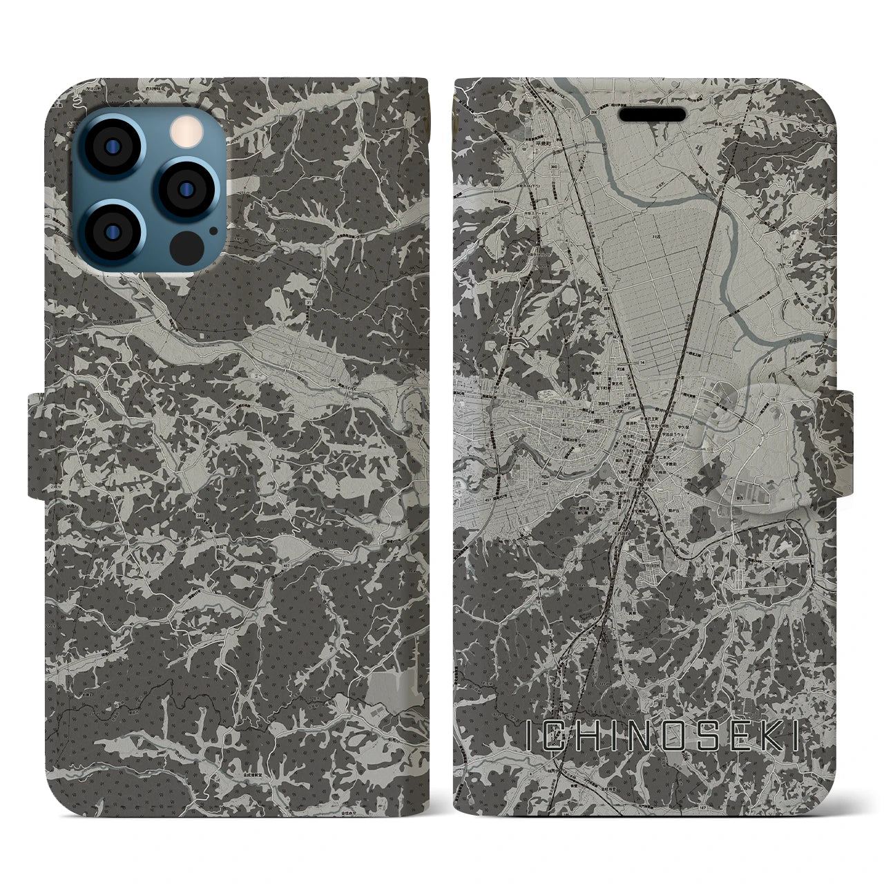 【一関(岩手県)】地図柄iPhoneケース(手帳タイプ)モノトーン・iPhone 12 / 12 Pro 用