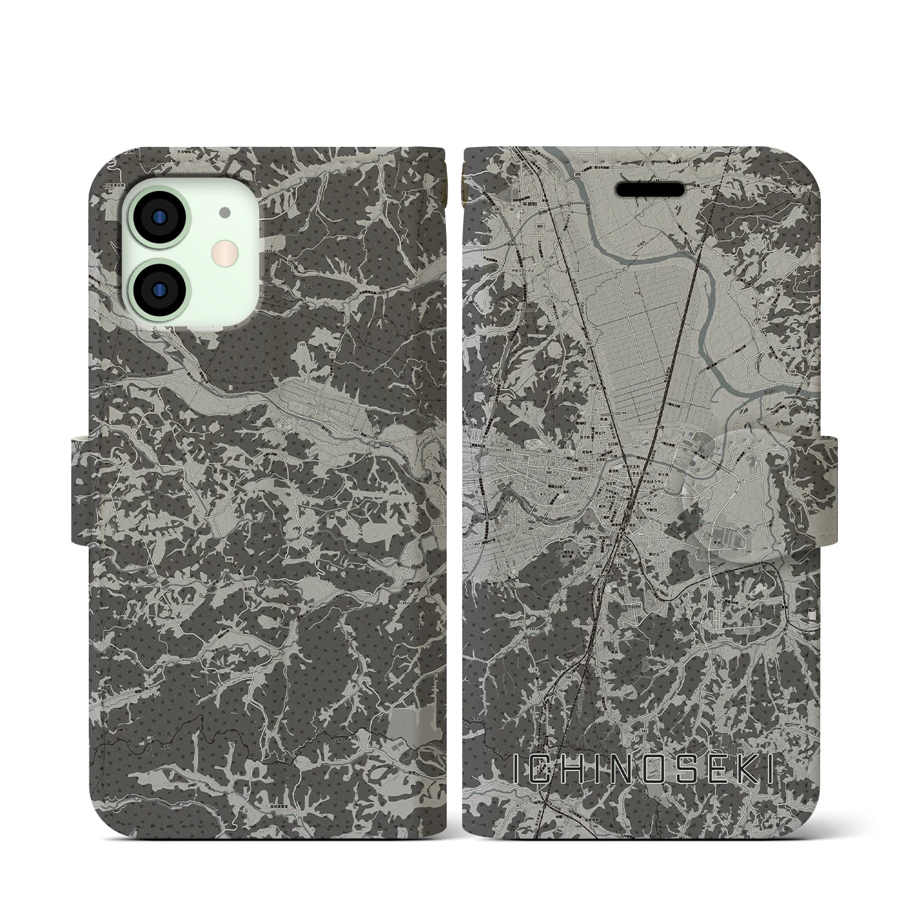 【一関(岩手県)】地図柄iPhoneケース(手帳タイプ)モノトーン・iPhone 12 mini 用
