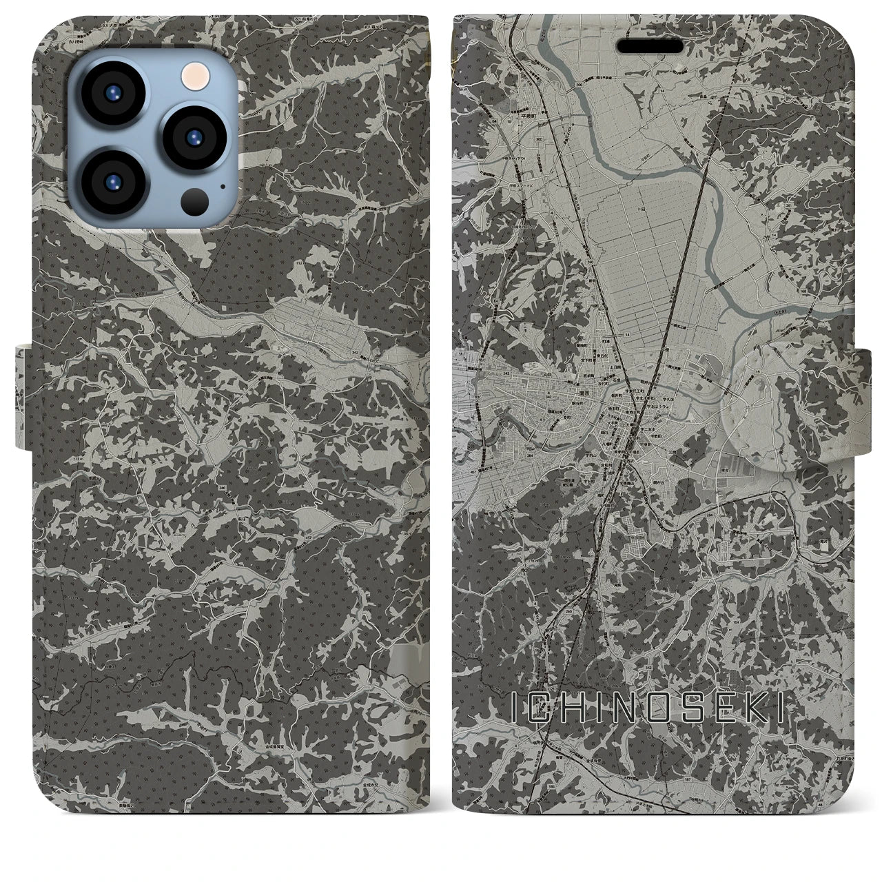 【一関(岩手県)】地図柄iPhoneケース(手帳タイプ)モノトーン・iPhone 13 Pro Max 用