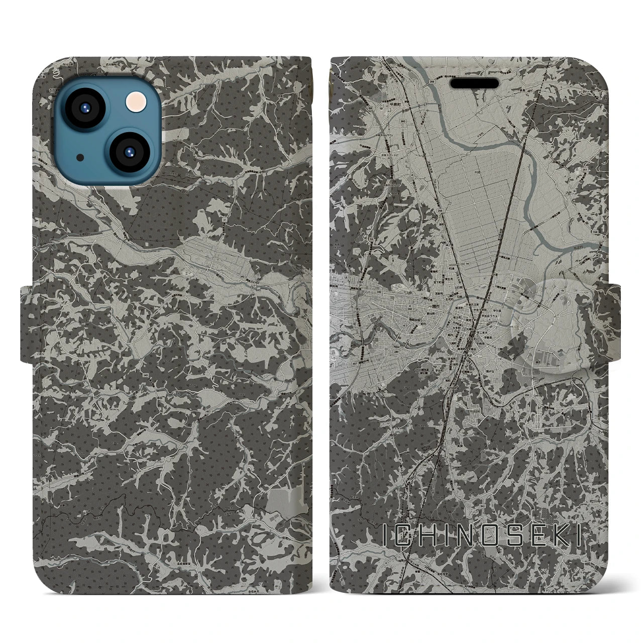 【一関(岩手県)】地図柄iPhoneケース(手帳タイプ)モノトーン・iPhone 13 用