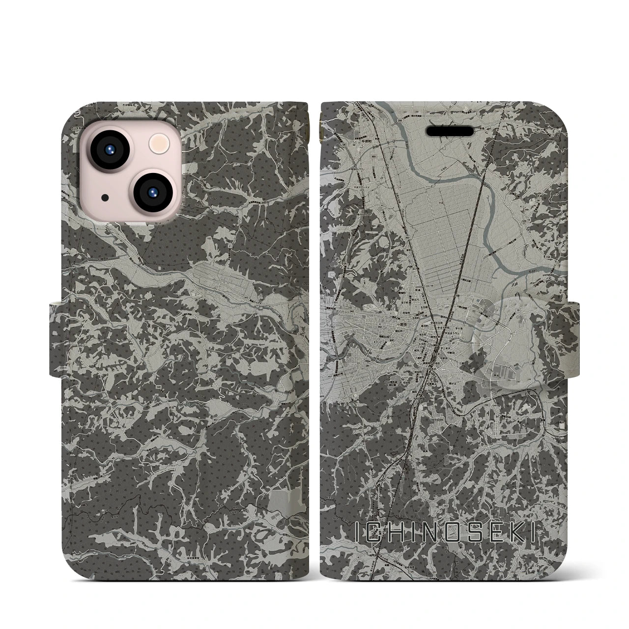 【一関(岩手県)】地図柄iPhoneケース(手帳タイプ)モノトーン・iPhone 13 mini 用