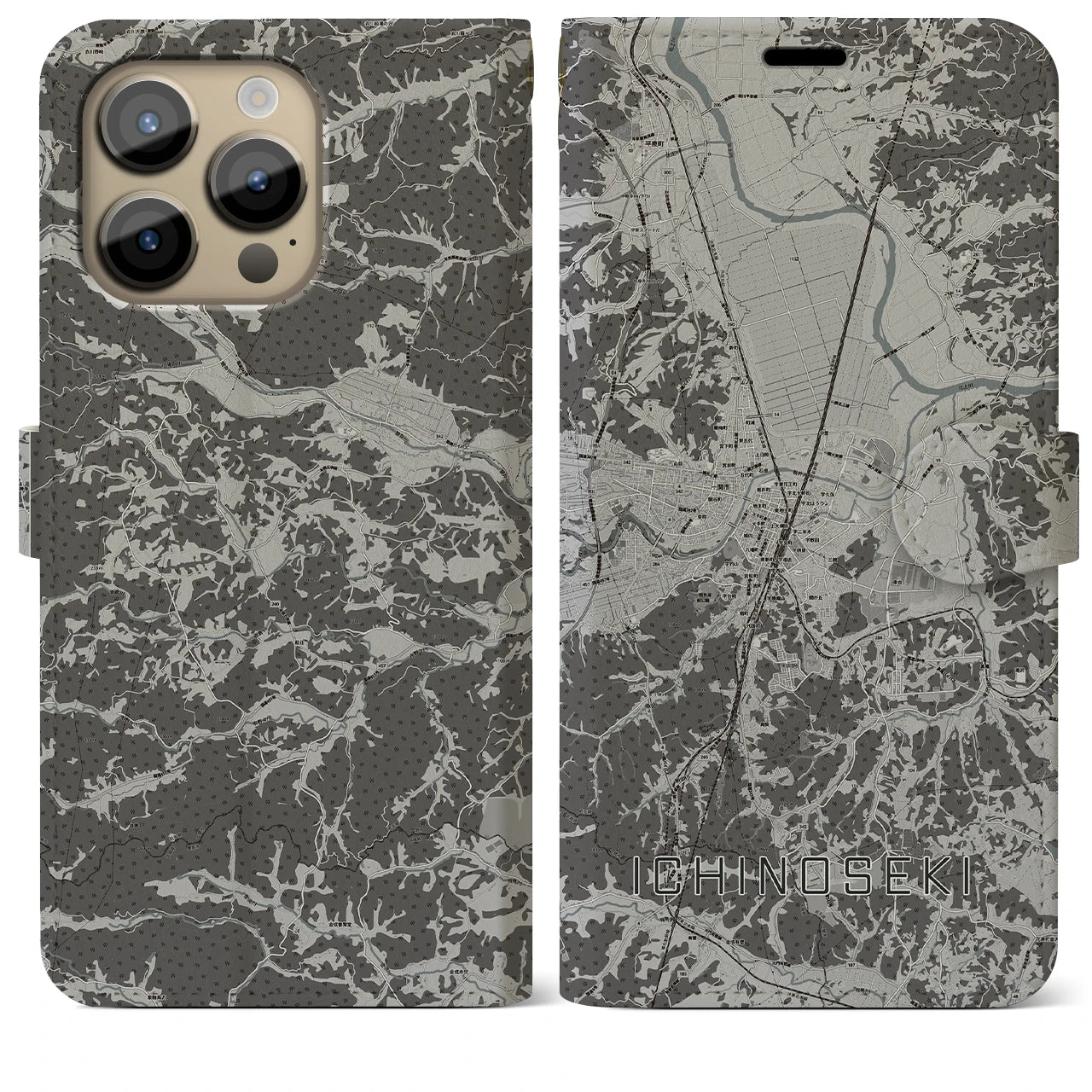 【一関(岩手県)】地図柄iPhoneケース(手帳タイプ)モノトーン・iPhone 14 Pro Max 用