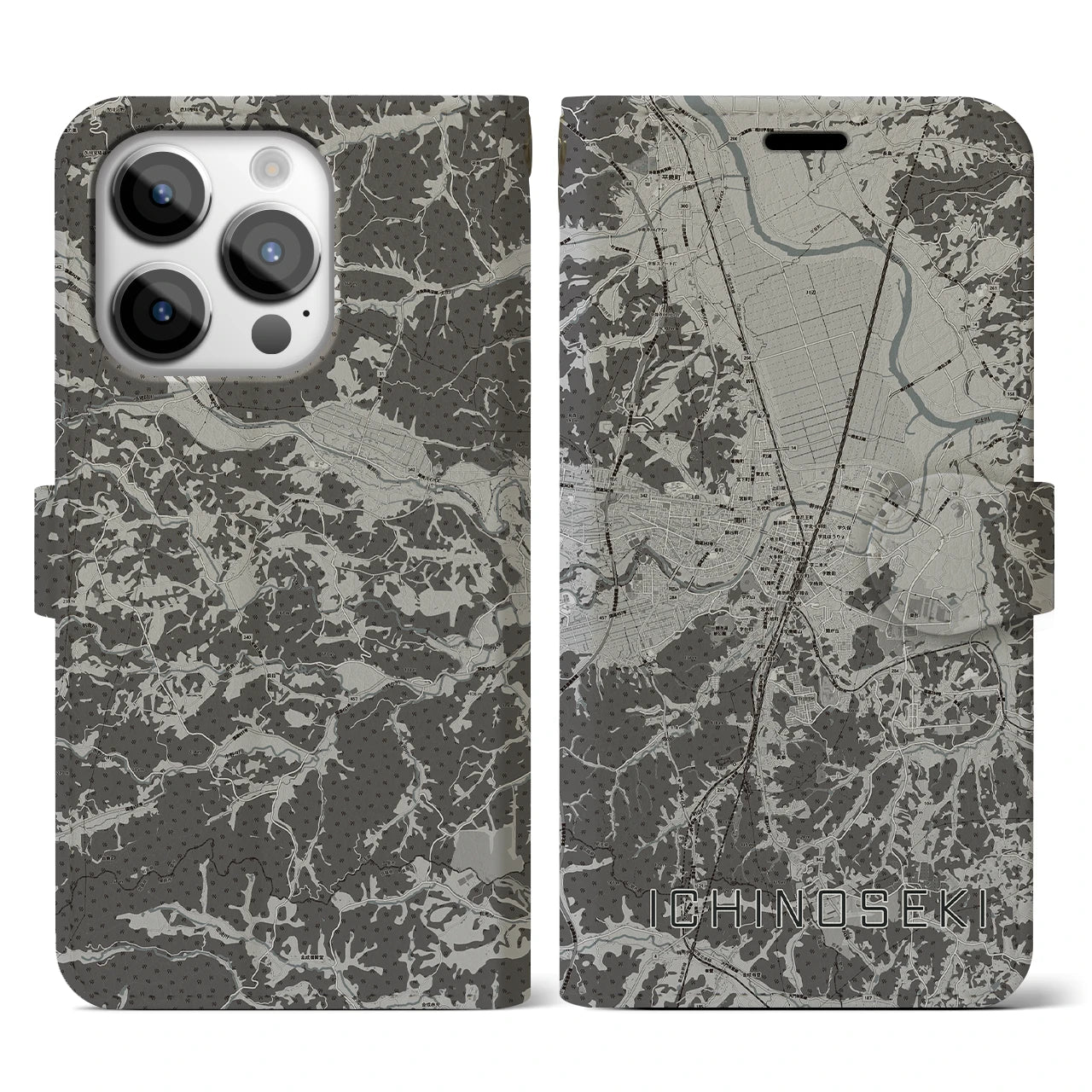 【一関(岩手県)】地図柄iPhoneケース(手帳タイプ)モノトーン・iPhone 14 Pro 用