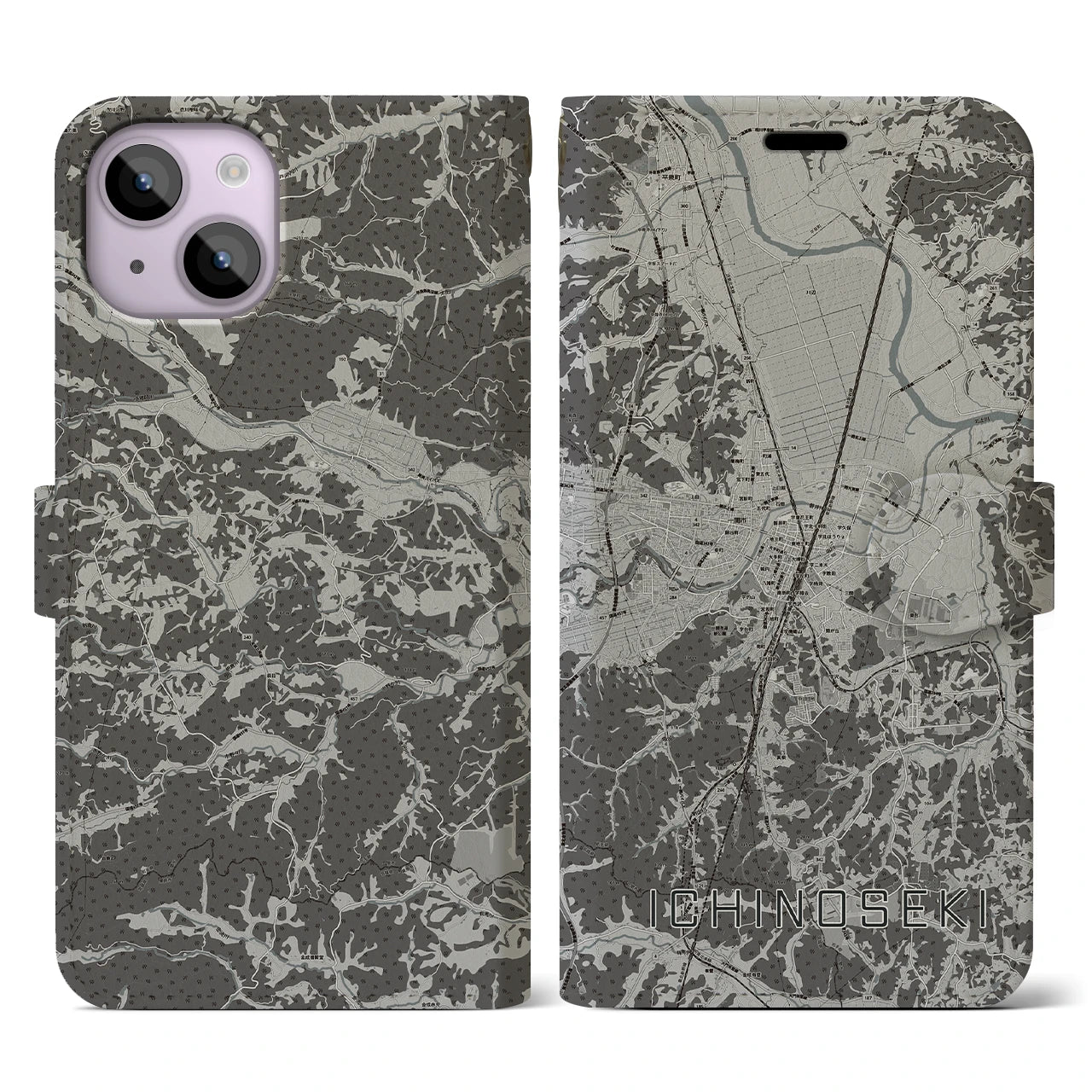 【一関(岩手県)】地図柄iPhoneケース(手帳タイプ)モノトーン・iPhone 14 用