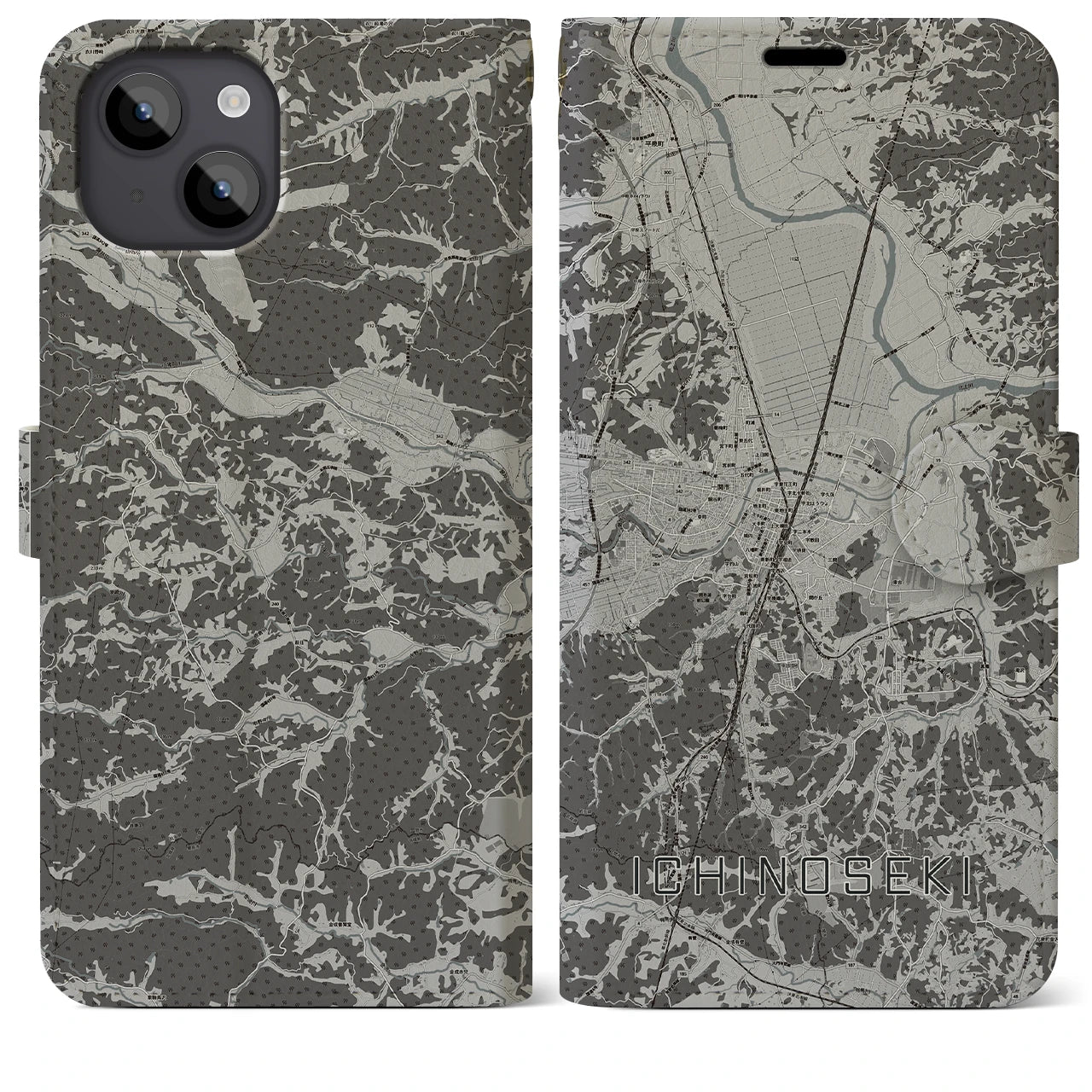 【一関(岩手県)】地図柄iPhoneケース(手帳タイプ)モノトーン・iPhone 14 Plus 用