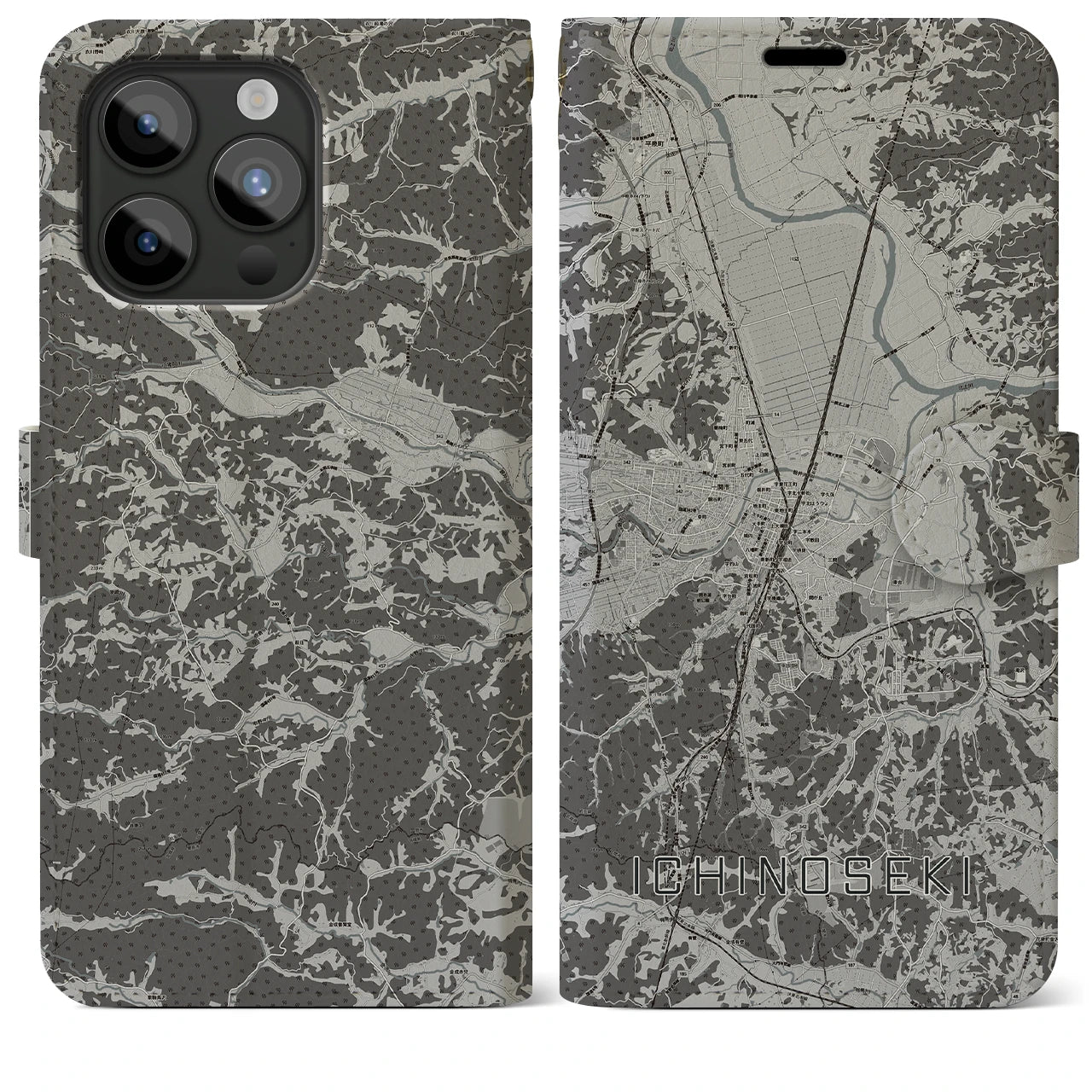 【一関(岩手県)】地図柄iPhoneケース(手帳タイプ)モノトーン・iPhone 15 Pro Max 用