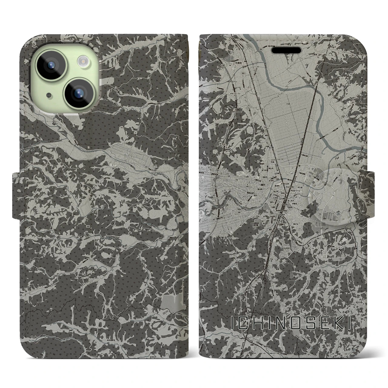【一関(岩手県)】地図柄iPhoneケース(手帳タイプ)モノトーン・iPhone 15 用