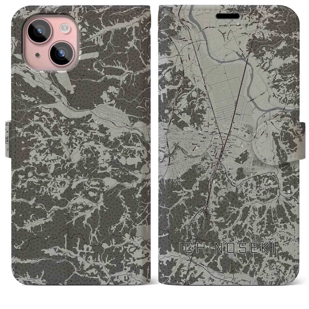【一関(岩手県)】地図柄iPhoneケース(手帳タイプ)モノトーン・iPhone 15 Plus 用