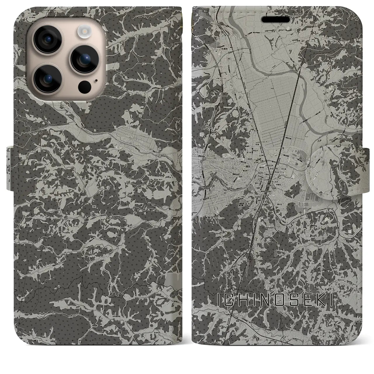 【一関(岩手県)】地図柄iPhoneケース(手帳タイプ)モノトーン・iPhone 16 Plus 用