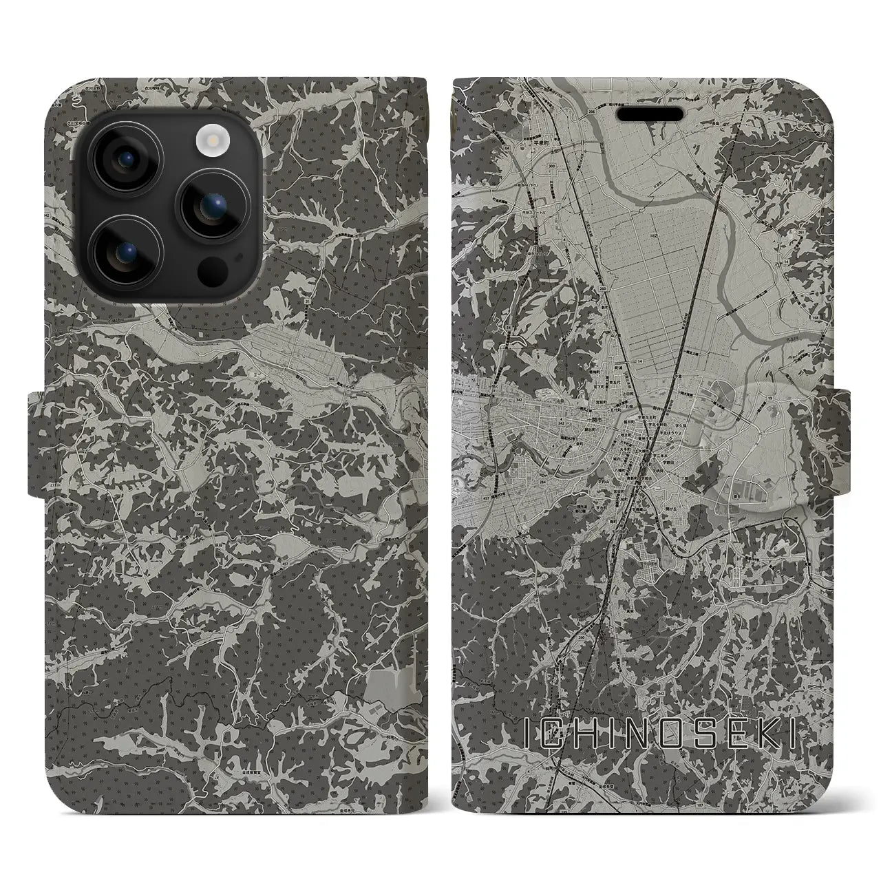 【一関(岩手県)】地図柄iPhoneケース(手帳タイプ)モノトーン・iPhone 16 用