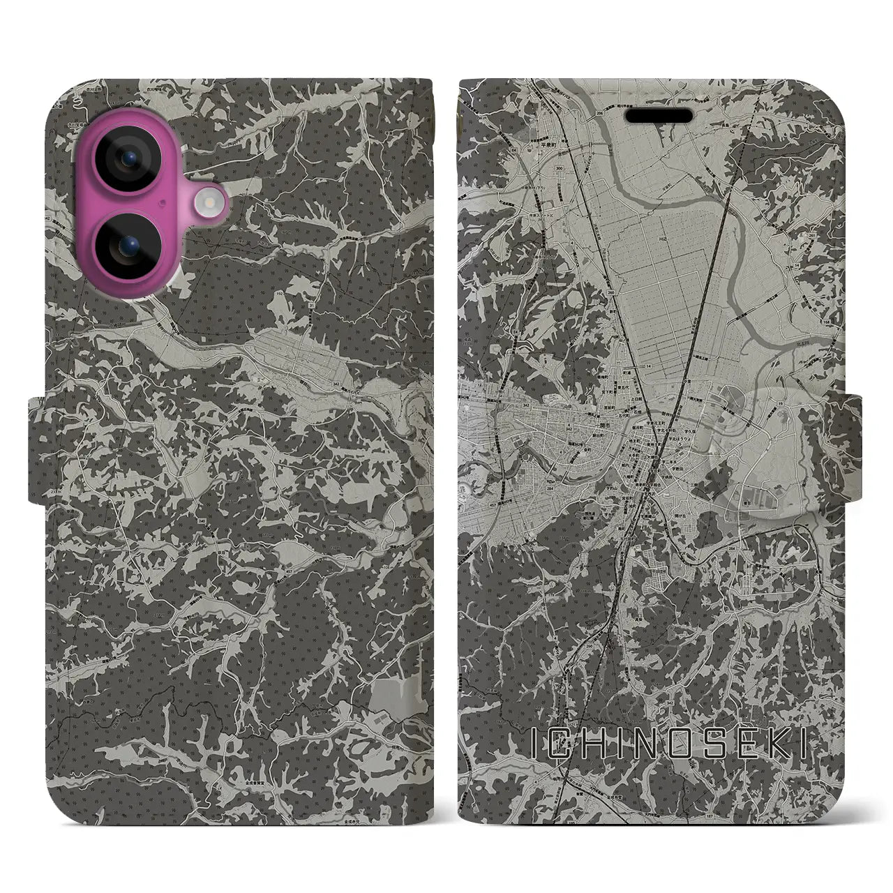 【一関(岩手県)】地図柄iPhoneケース(手帳タイプ)モノトーン・iPhone 16 Pro 用