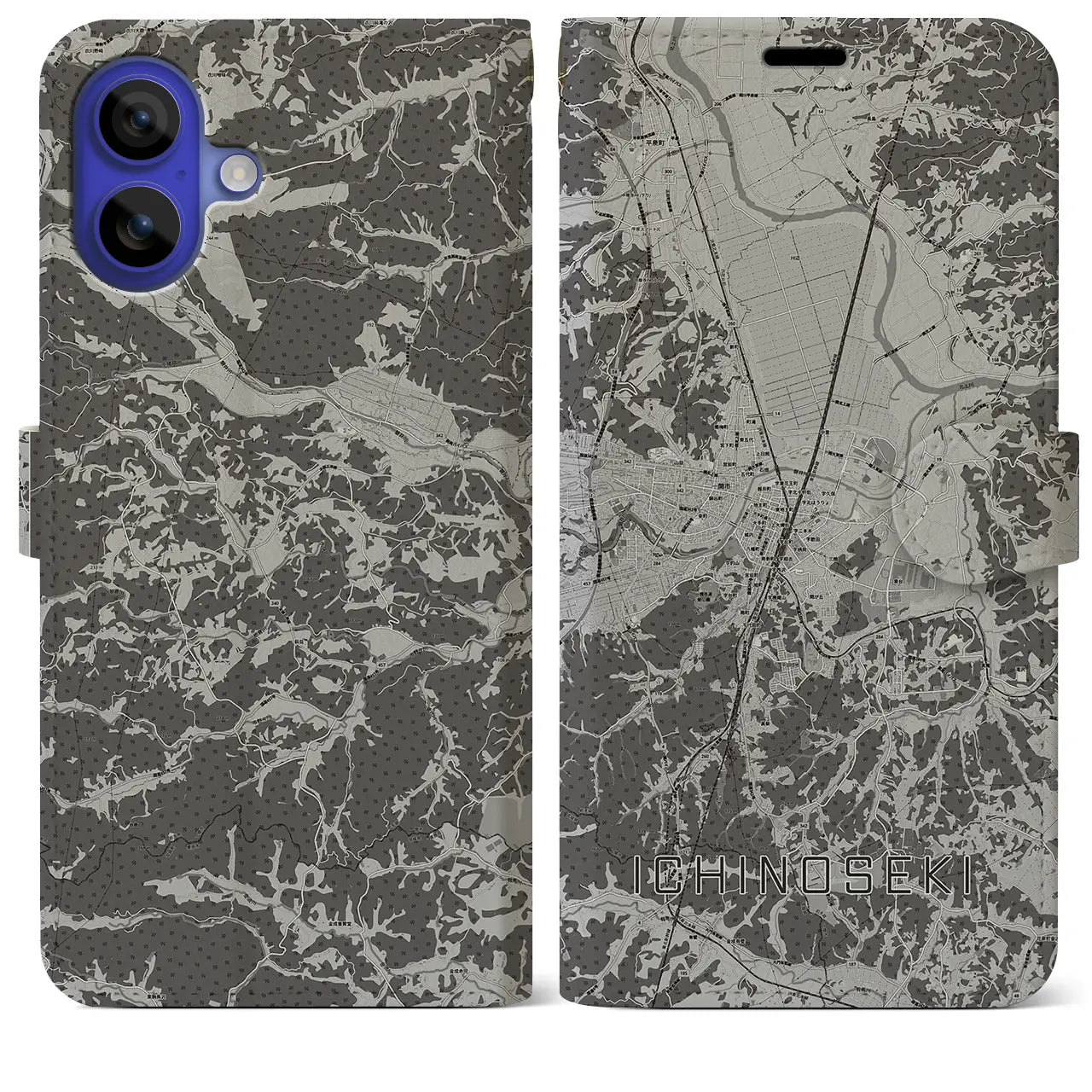 【一関(岩手県)】地図柄iPhoneケース(手帳タイプ)モノトーン・iPhone 16 Pro Max 用