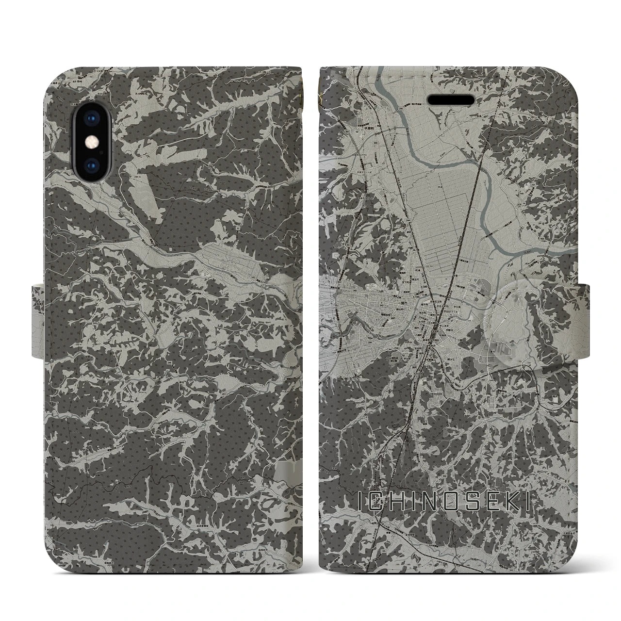 【一関(岩手県)】地図柄iPhoneケース(手帳タイプ)モノトーン・iPhone XS / X 用