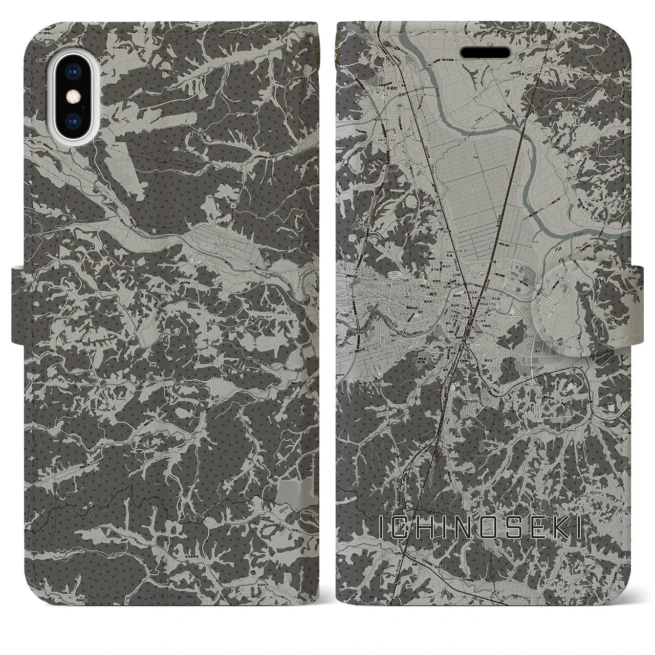 【一関(岩手県)】地図柄iPhoneケース(手帳タイプ)モノトーン・iPhone XS Max 用