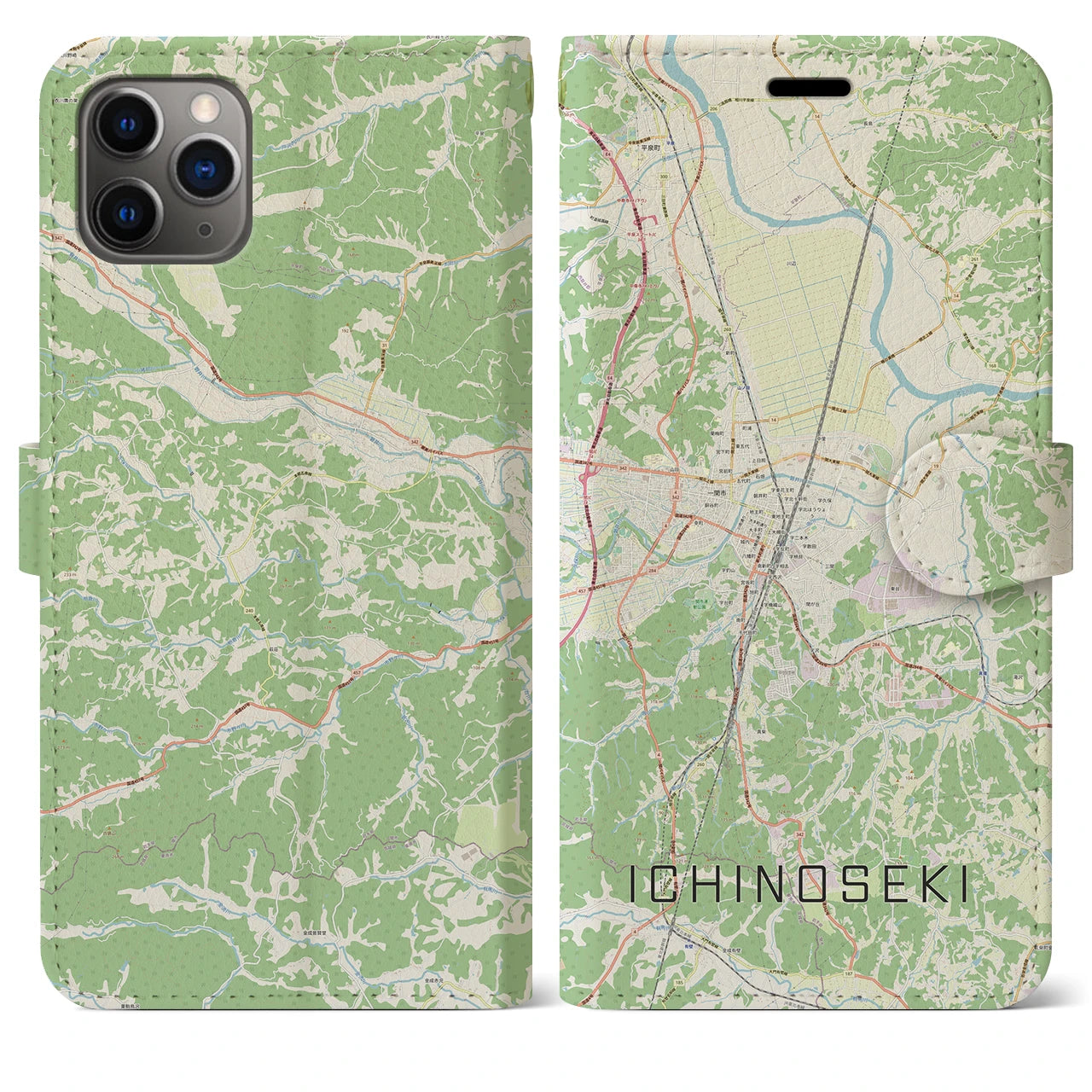 【一関(岩手県)】地図柄iPhoneケース(手帳タイプ)ナチュラル・iPhone 11 Pro Max 用