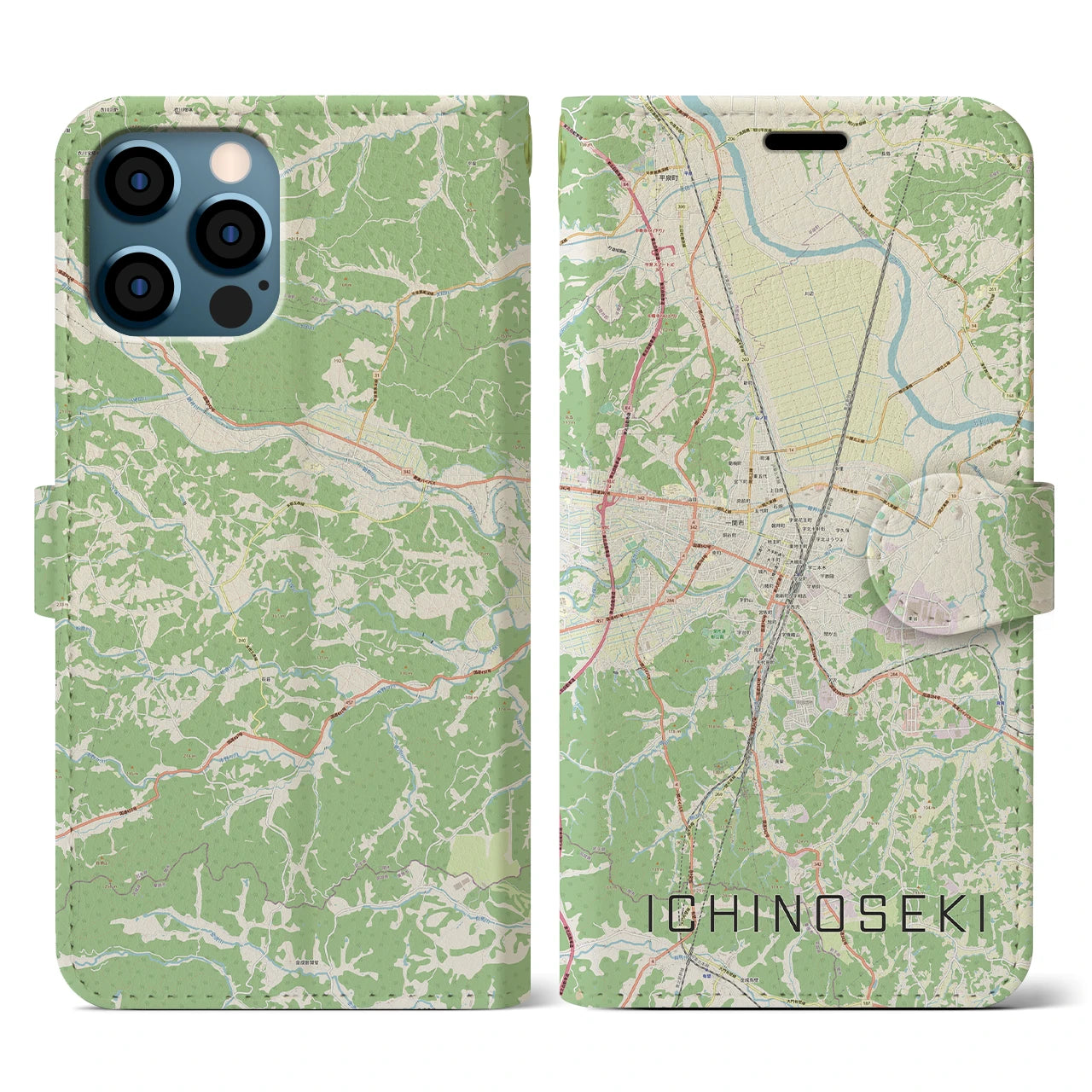 【一関(岩手県)】地図柄iPhoneケース(手帳タイプ)ナチュラル・iPhone 12 / 12 Pro 用