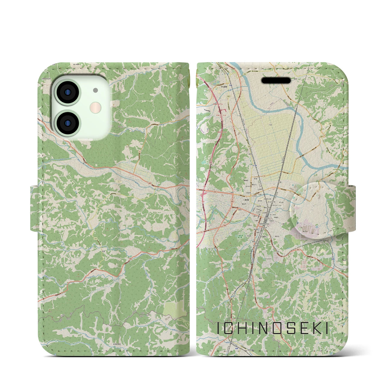 【一関(岩手県)】地図柄iPhoneケース(手帳タイプ)ナチュラル・iPhone 12 mini 用
