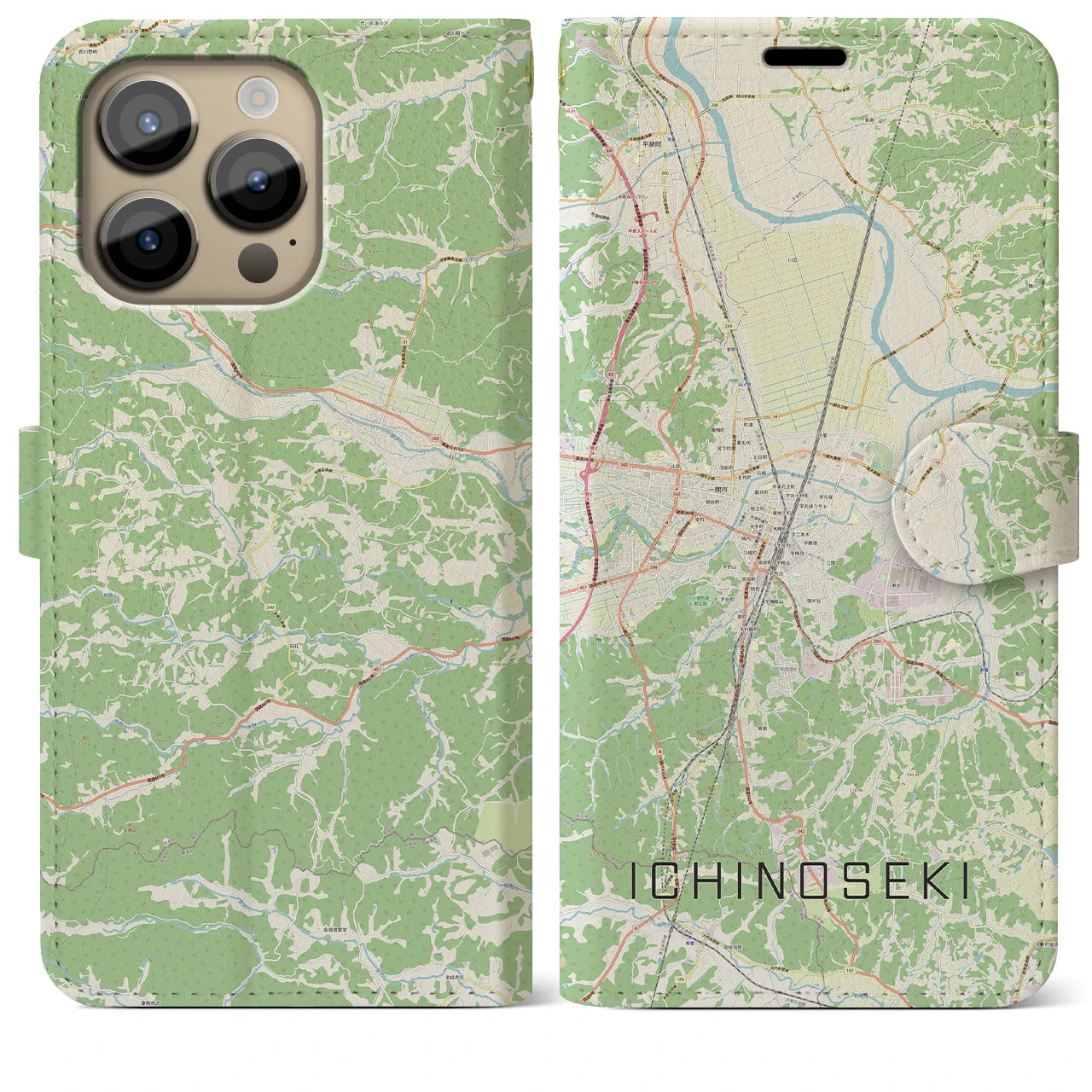 【一関(岩手県)】地図柄iPhoneケース(手帳タイプ)ナチュラル・iPhone 14 Pro Max 用