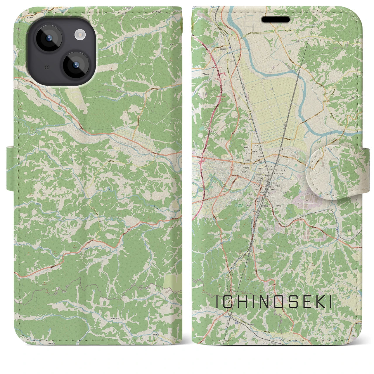 【一関(岩手県)】地図柄iPhoneケース(手帳タイプ)ナチュラル・iPhone 14 Plus 用