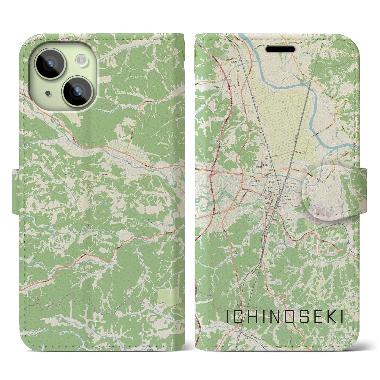 【一関(岩手県)】地図柄iPhoneケース(手帳タイプ)ナチュラル・iPhone 15 用