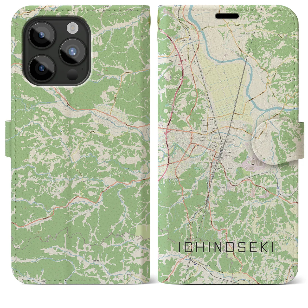 【一関(岩手県)】地図柄iPhoneケース(手帳タイプ)ナチュラル・iPhone 15 Pro Max 用