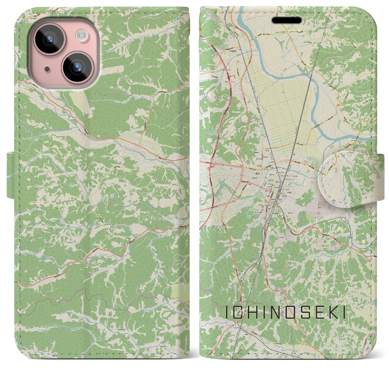 【一関(岩手県)】地図柄iPhoneケース(手帳タイプ)ナチュラル・iPhone 15 Plus 用