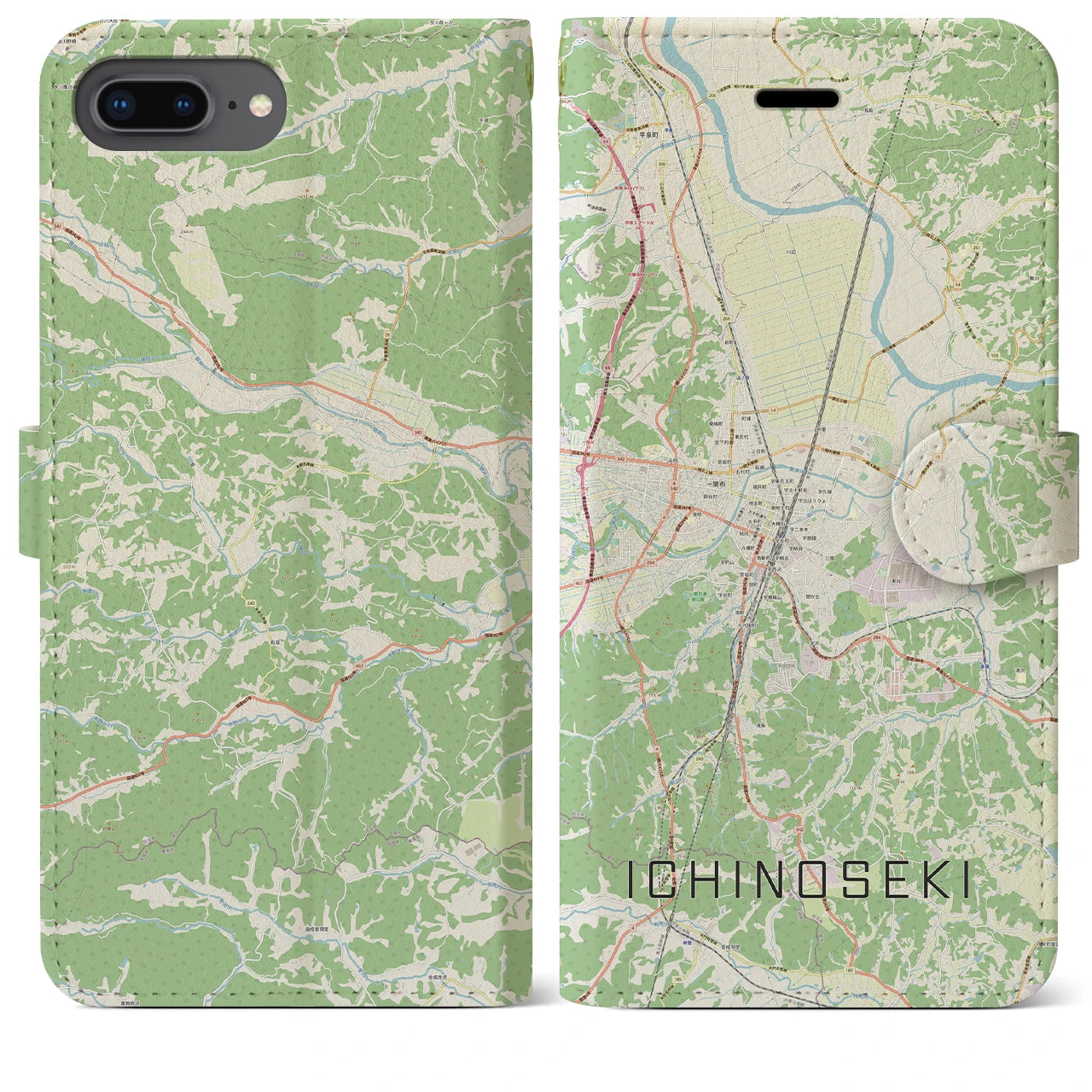【一関(岩手県)】地図柄iPhoneケース(手帳タイプ)ナチュラル・iPhone 8Plus /7Plus / 6sPlus / 6Plus 用