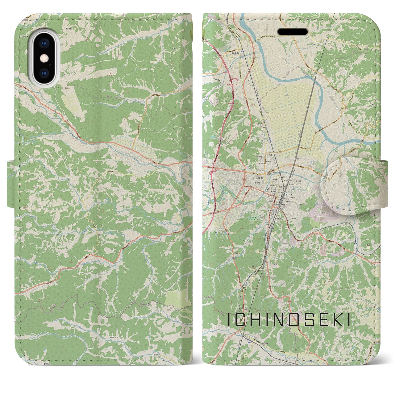 【一関(岩手県)】地図柄iPhoneケース(手帳タイプ)ナチュラル・iPhone XS Max 用