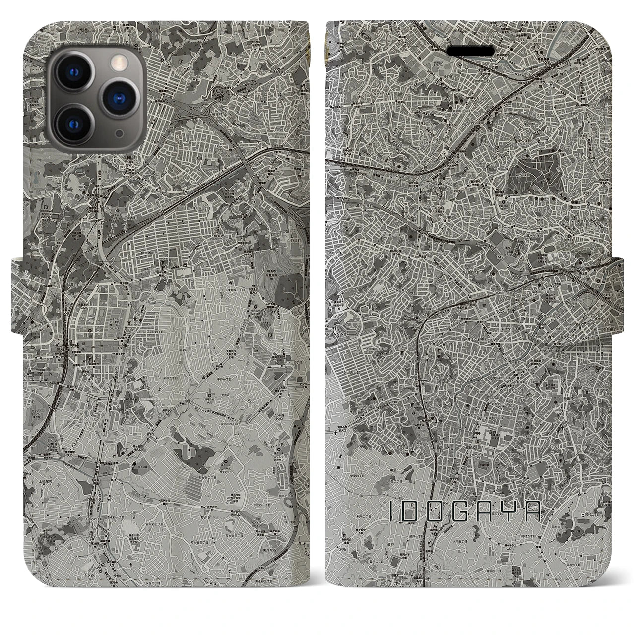 【井土ヶ谷(神奈川県)】地図柄iPhoneケース(手帳タイプ)モノトーン・iPhone 11 Pro Max 用