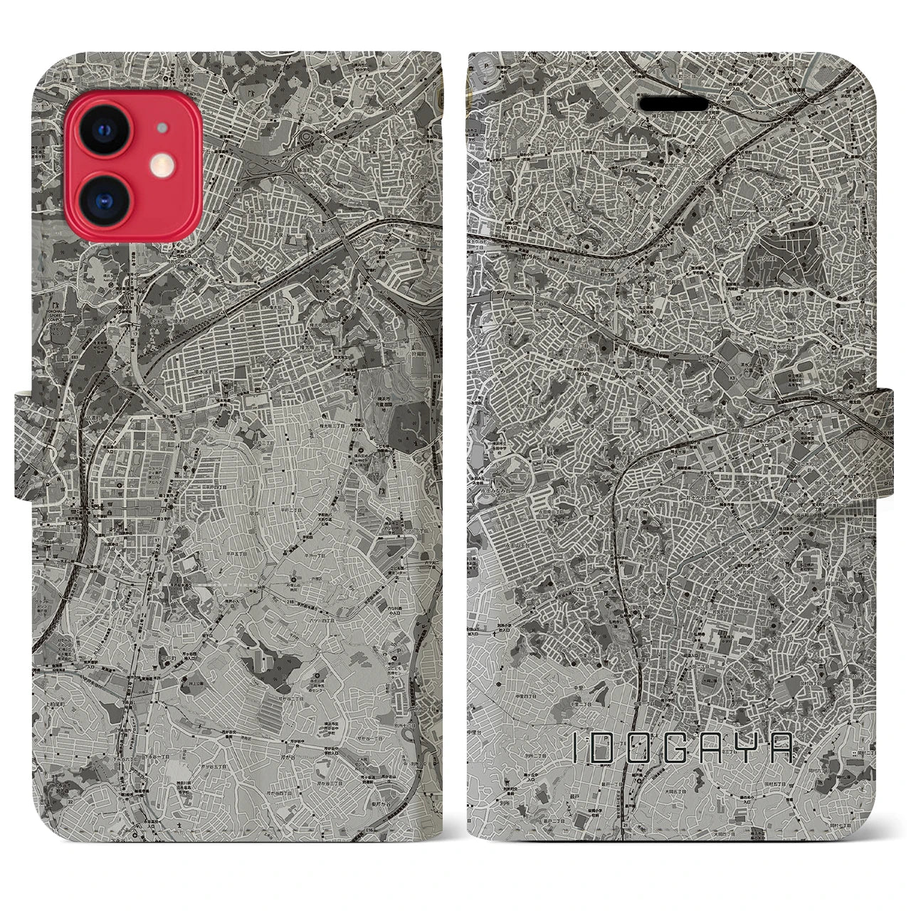 【井土ヶ谷(神奈川県)】地図柄iPhoneケース(手帳タイプ)モノトーン・iPhone 11 用
