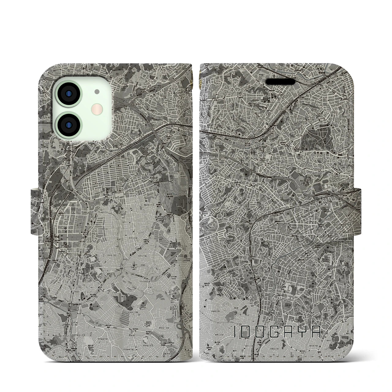 【井土ヶ谷(神奈川県)】地図柄iPhoneケース(手帳タイプ)モノトーン・iPhone 12 mini 用