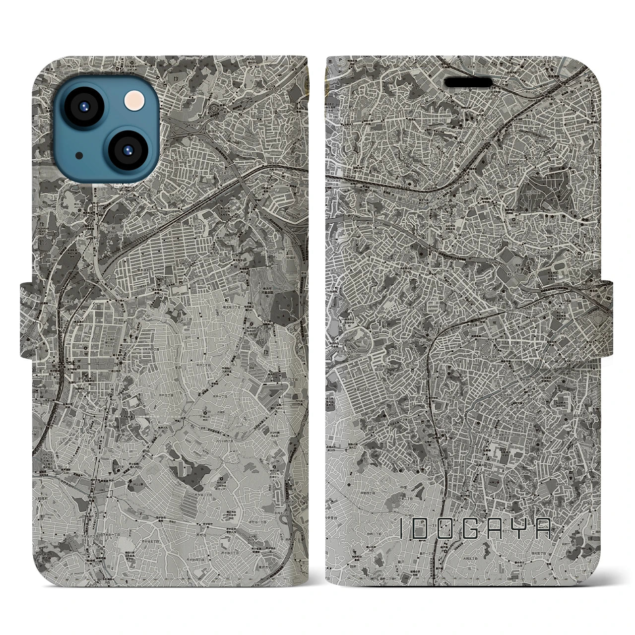【井土ヶ谷(神奈川県)】地図柄iPhoneケース(手帳タイプ)モノトーン・iPhone 13 用