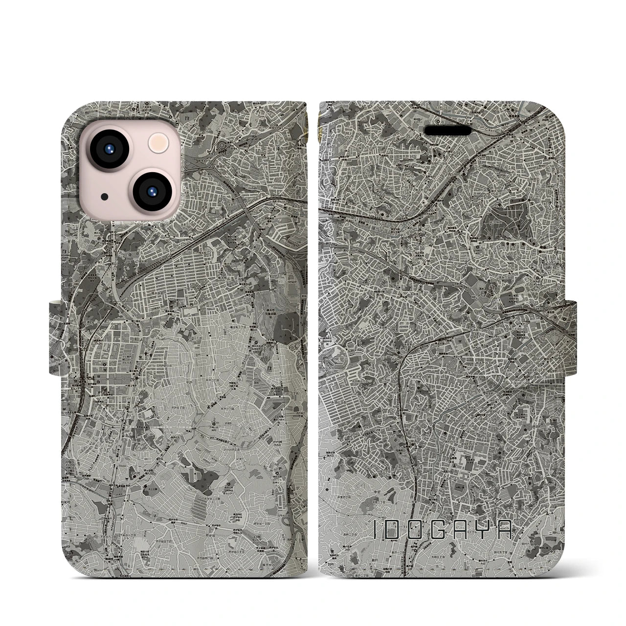 【井土ヶ谷(神奈川県)】地図柄iPhoneケース(手帳タイプ)モノトーン・iPhone 13 mini 用