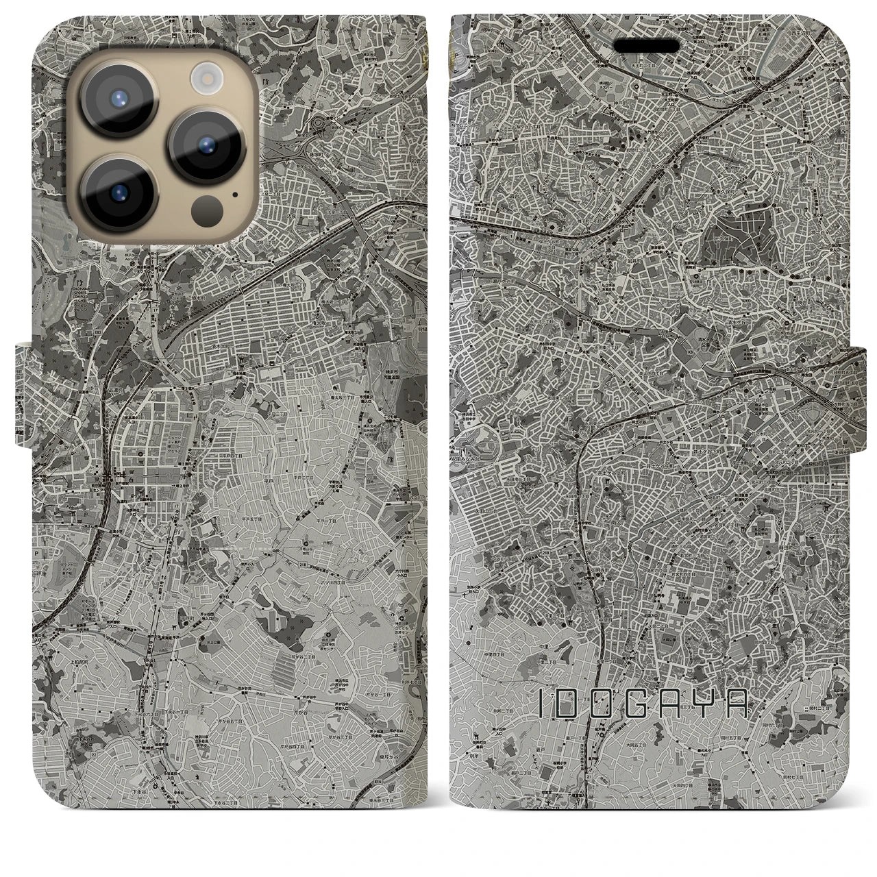【井土ヶ谷(神奈川県)】地図柄iPhoneケース(手帳タイプ)モノトーン・iPhone 14 Pro Max 用