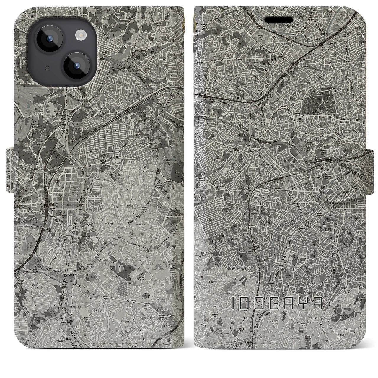 【井土ヶ谷(神奈川県)】地図柄iPhoneケース(手帳タイプ)モノトーン・iPhone 14 Plus 用