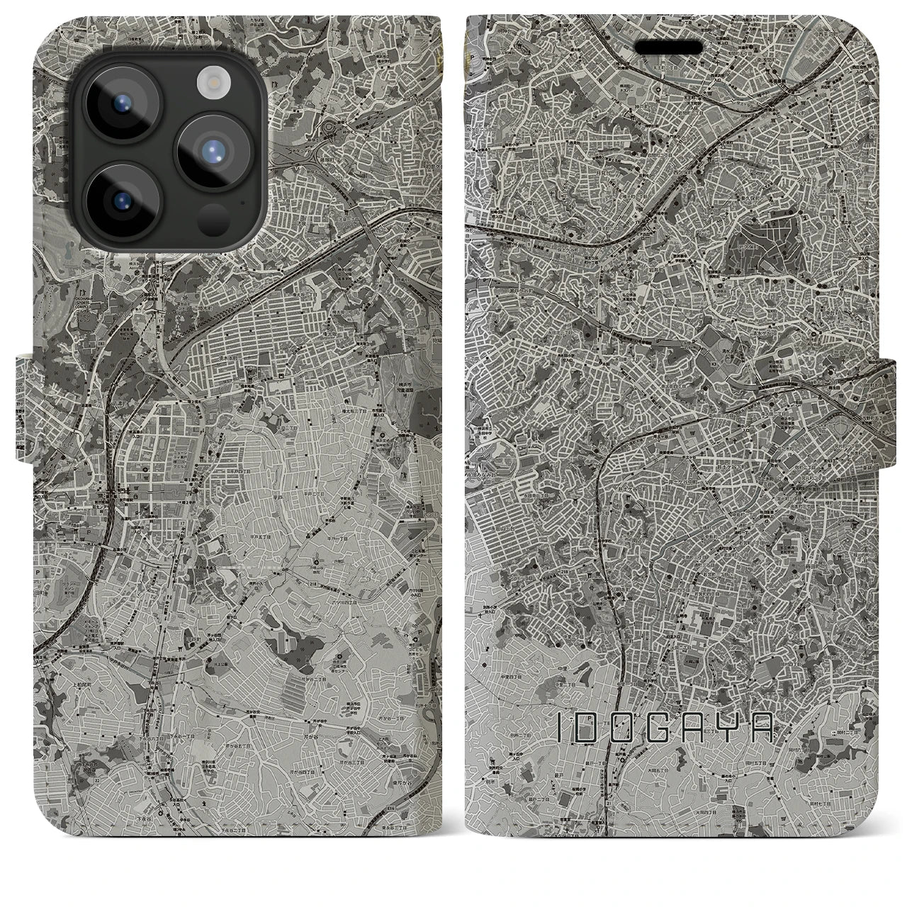 【井土ヶ谷(神奈川県)】地図柄iPhoneケース(手帳タイプ)モノトーン・iPhone 15 Pro Max 用