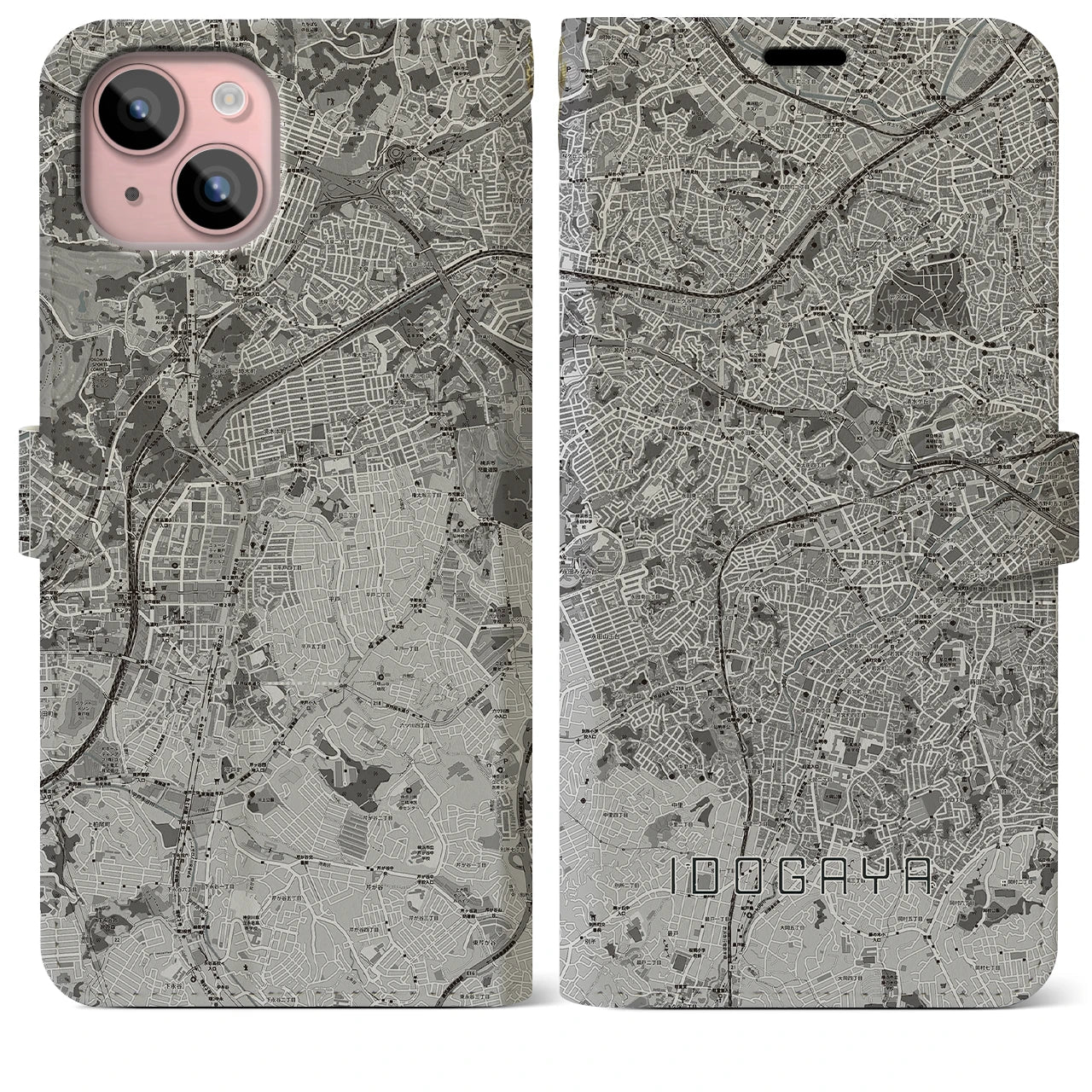 【井土ヶ谷(神奈川県)】地図柄iPhoneケース(手帳タイプ)モノトーン・iPhone 15 Plus 用